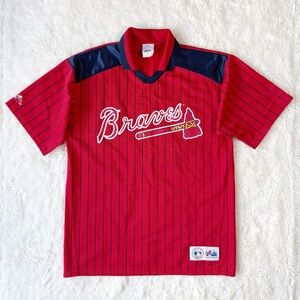 VTG Majestic Men Atlanta Braves Red Pinstripes Baseball Jersey LARGE 90s Classic